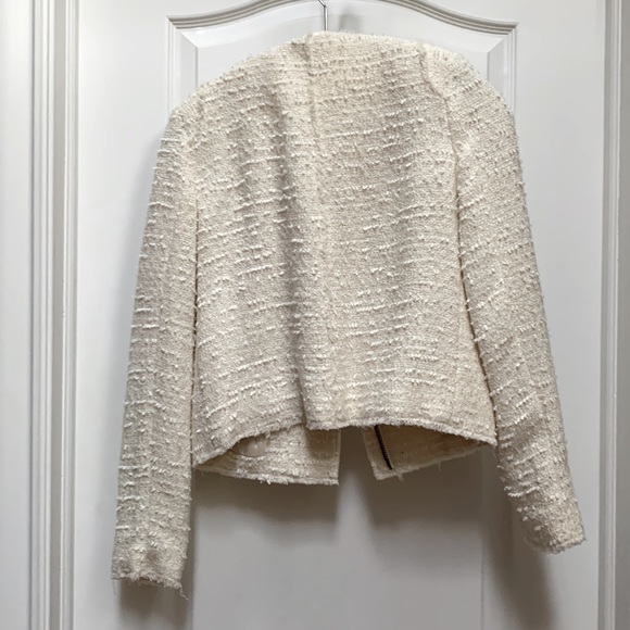 🤍Ivory Cream Tweed Moto Cropped Boucle Metallic Fray Frayed Raw Edge Zip Blazer - Picture 5 of 13